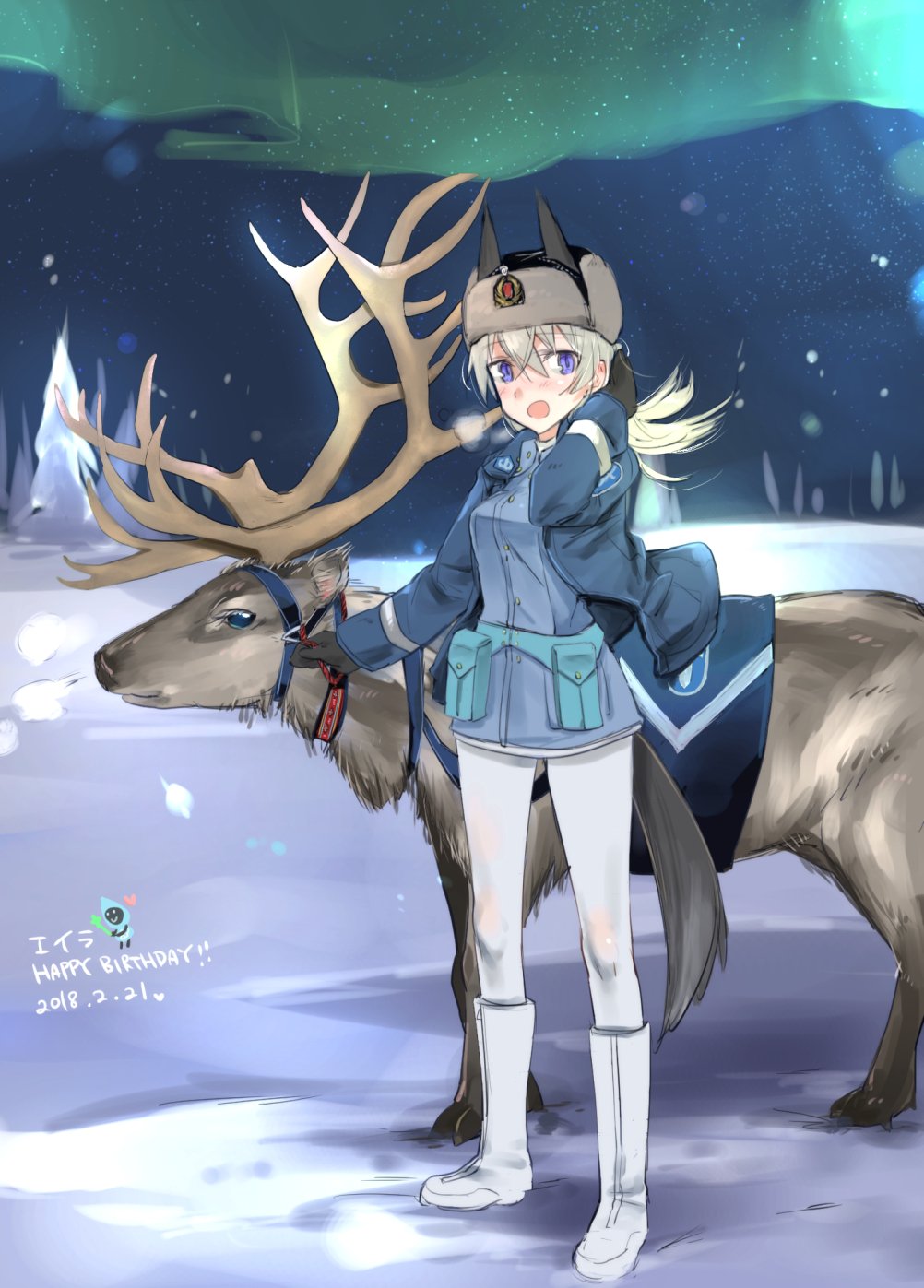 animal_ears aohashi_ame aurora black_gloves black_hat blonde_hair blue_eyes blue_jacket boots character_name commentary_request dated dog_ears dog_tail eila_ilmatar_juutilainen english fur_hat gloves hand_in_hair happy_birthday hat highres jacket knee_boots long_hair military military_uniform night night_sky pantyhose reindeer sky snow solo star_(sky) starry_sky strike_witches tail uniform ushanka white_footwear white_legwear wind wind_lift world_witches_series zipper