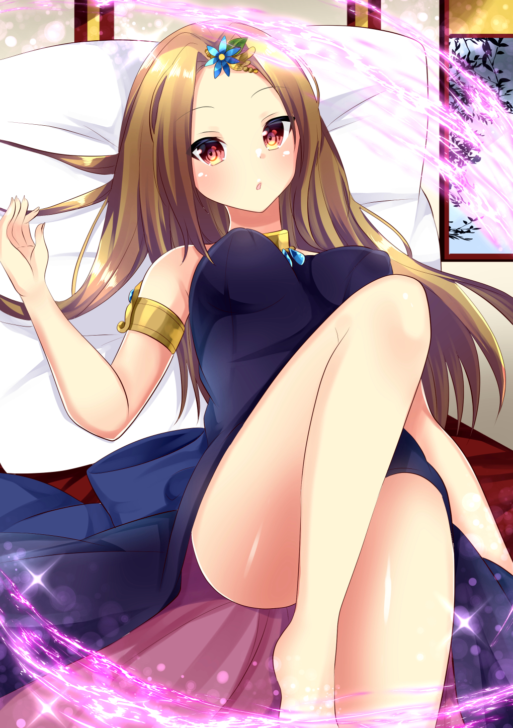 bangs bare_legs bare_shoulders barefoot blue_dress blue_flower breasts brown_hair commentary_request dress eyebrows_visible_through_hair fingernails flower forehead hair_ornament hand_up highres indoors long_hair looking_at_viewer lying medium_breasts misaki_(misaki86) on_back original parted_bangs parted_lips pillow red_eyes sleeveless sleeveless_dress solo sparkle