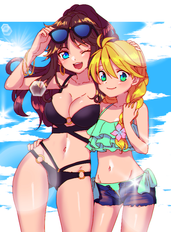 ;d arm_around_waist arm_up bare_arms bikini bikini_under_clothes black_bikini blonde_hair blue_(pokemon) blue_eyes bracelet braid breasts brown_hair cleavage closed_mouth cloud collarbone commentary_request contrapposto cowboy_shot day eyewear_on_head frilled_bikini_top frills green_bikini green_eyes groin hand_in_hair hand_on_another's_head height_difference jewelry large_breasts lens_flare lens_flare_abuse long_hair looking_at_viewer midriff mokorei multiple_girls navel o-ring o-ring_bikini one_eye_closed open_fly open_mouth outdoors pokemon pokemon_special short_shorts shorts side-tie_bikini single_braid sky smile sparkle standing summer sun sunglasses swimsuit teeth unzipped yellow_(pokemon)