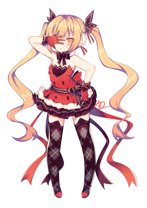 bare_shoulders blonde_hair christmas earmuffs elsword eve_(elsword) facial_mark fluffy gloves hair_ribbon hand_over_eye long_hair open_mouth red_gloves ribbon twintails utm yellow_eyes