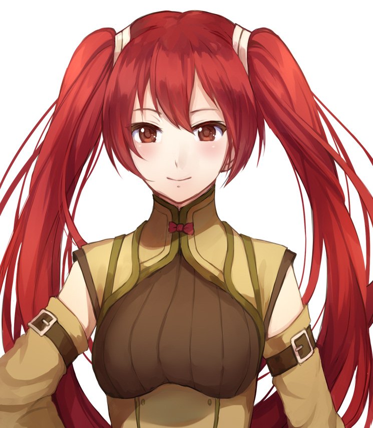 arm_belt bangs blush bow breasts brown_eyes brown_sweater closed_mouth detached_sleeves fire_emblem fire_emblem:_kakusei green_jacket hair_between_eyes jacket jurge long_hair looking_at_viewer red_bow red_eyes red_hair ribbed_sweater selena_(fire_emblem) simple_background sleeveless_jacket small_breasts smile solo sweater twintails upper_body very_long_hair white_background