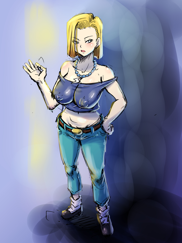 1girl android_18 bare_shoulders belt blonde_hair blue_eyes blurry blurry_background blush bob_cut breasts denim dragon_ball dragonball_z earrings erect_nipples feet full_body highres jeans jewelry large_breasts legs looking_at_viewer midriff necklace off_shoulder open_mouth pants pearl_necklace rickert_kai shoes short_hair simple_background solo standing thighs