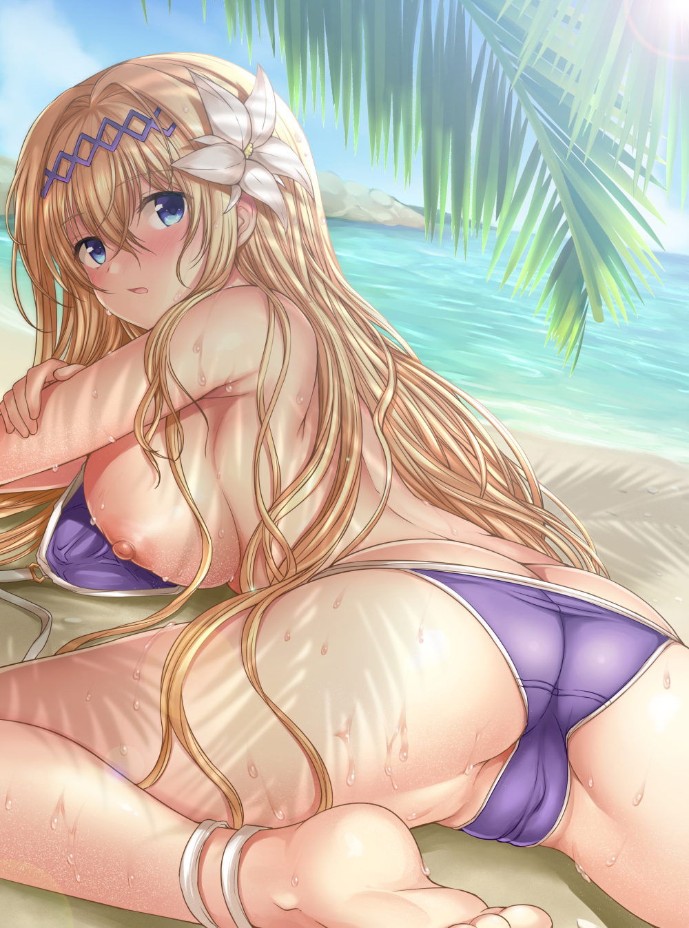akino_hamo ass barefoot beach bikini blonde_hair blue_eyes blush breasts cameltoe day dutch_angle eyebrows_visible_through_hair flower from_behind granblue_fantasy hair_between_eyes hair_flower hair_ornament highres jeanne_d'arc_(granblue_fantasy) large_breasts long_hair looking_at_viewer looking_back lying nipples on_stomach outdoors parted_lips partially_visible_vulva purple_bikini sand shade silhouette solo sunlight swimsuit untied untied_bikini very_long_hair water