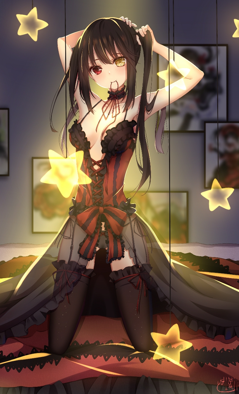 anyan armpits bare_shoulders black_hair black_legwear black_panties blush breasts choker cleavage clock_eyes commentary_request date_a_live heterochromia highres indoors kneeling lolita_fashion long_hair looking_at_viewer medium_breasts mouth_hold panties photo_(object) red_eyes see-through skirt skirt_removed smile solo spaghetti_strap star symbol-shaped_pupils thighhighs tokisaki_kurumi twintails tying_hair underwear yellow_eyes