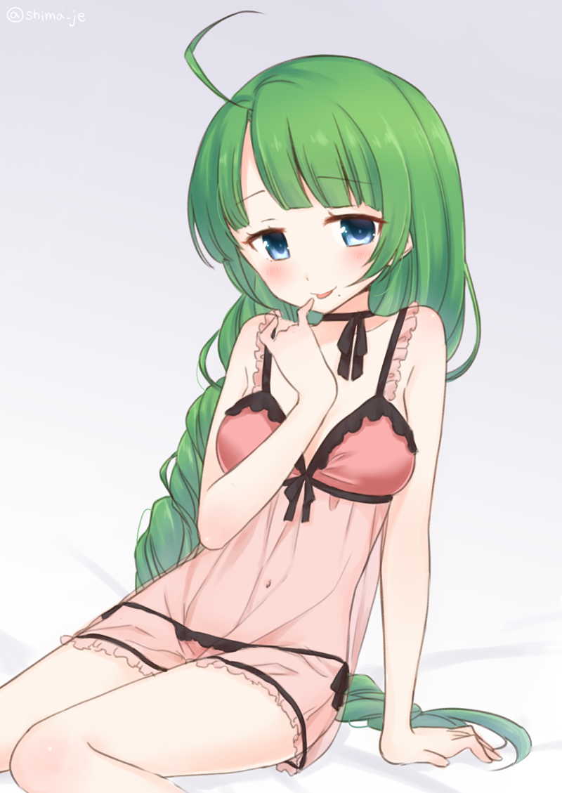 :p arm_support bare_arms bare_shoulders blue_eyes braid breasts closed_mouth collarbone green_hair hand_up head_tilt kantai_collection lingerie long_hair masuishi_kinoto medium_breasts mole mole_under_mouth navel negligee panties pink_panties see-through side-tie_panties single_braid sitting smile solo tongue tongue_out twitter_username underwear very_long_hair yuugumo_(kantai_collection)
