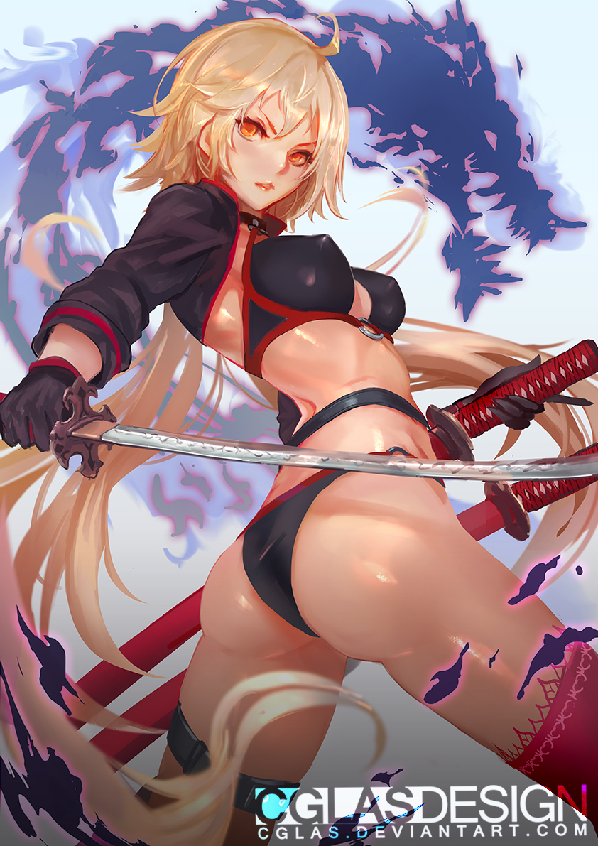 artist_name ass black_gloves blonde_hair breasts cglas commentary_request covered_nipples fate/grand_order fate_(series) gloves holding holding_sword holding_weapon jeanne_d'arc_(alter_swimsuit_berserker) jeanne_d'arc_(fate)_(all) katana long_hair looking_at_viewer midriff o-ring red_legwear sheath sheathed solo standing sword thigh_strap twisted_torso very_long_hair watermark weapon web_address