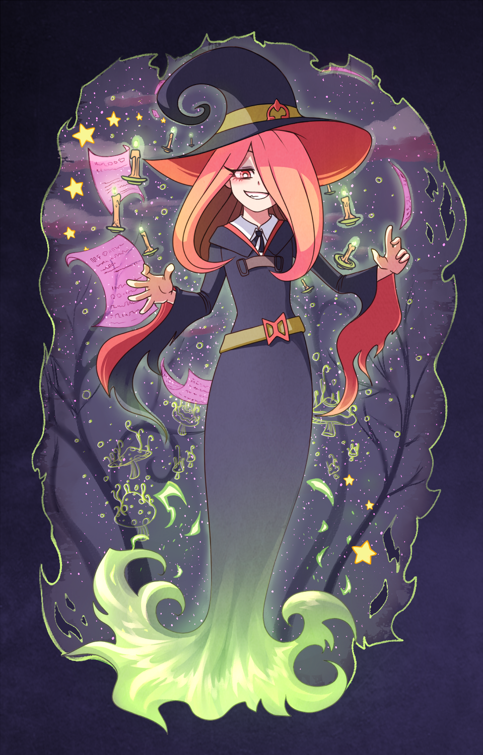 border candle cloud commentary floating glowing grin hair_over_one_eye half-closed_eyes hat highres little_witch_academia long_hair luna_nova_school_uniform magic mushroom night night_sky pages paper pink_hair red_eyes robe sky smile solo sparkle star sucy_manbavaran tree very_long_sleeves voodoodollmaster wax witch witch_hat
