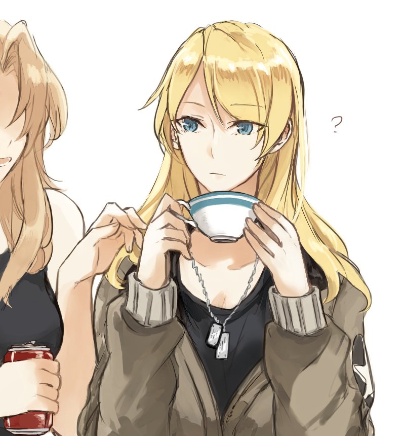 ? alternate_hairstyle black_shirt blonde_hair blue_eyes brown_jacket can cosplay cowboy_shot cup darjeeling dog_tail emblem eyebrows_visible_through_hair girls_und_panzer hair_down hair_intakes holding holding_can holding_cup jacket kay_(girls_und_panzer) kay_(girls_und_panzer)_(cosplay) light_frown long_hair long_sleeves looking_at_another multiple_girls no_eyes saunders_military_uniform shirt side-by-side simple_background soda_can standing tail tank_top teacup white_background yuri yuuyu_(777)