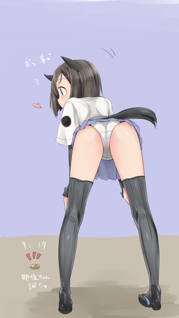 aohashi_ame ass ass_visible_through_thighs bent_over black_legwear black_shirt blue_skirt brown_eyes brown_hair character_name closed_mouth coin commentary crotch_seam dated dollar_sign from_behind full_body hands_on_own_knees happy_birthday heart heart_hands kuroda_kunika legs long_sleeves looking_to_the_side miniskirt motion_lines noble_witches notice_lines panties pleated_skirt ribbed_legwear sandals shirt short_hair short_over_long_sleeves short_sleeves skirt smile solo standing thighhighs translated underwear white_panties white_shirt world_witches_series