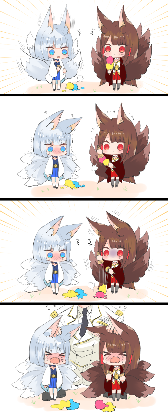 2girls 4koma akagi_(azur_lane) animal_ears azur_lane blue_eyes blue_skirt brown_hair colorized comic commander_(azur_lane) commentary_request crying food fox_ears fox_tail hand_on_another's_head highres ice_cream ice_cream_cone ice_cream_cone_spill japanese_clothes kaga_(azur_lane) long_hair military military_uniform multiple_girls putimaxi red_eyes red_skirt short_hair silver_hair skirt tail tears uniform white_background