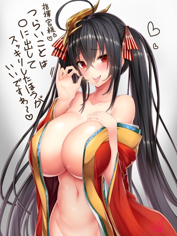 ahoge azur_lane bangs bare_shoulders black_hair blush breasts choker cleavage cocktail_dress collarbone commentary_request doyouwantto dress eyebrows_visible_through_hair fellatio_gesture gradient gradient_background groin hair_between_eyes hair_ornament hair_ribbon hand_on_own_chest heart huge_breasts japanese_clothes kimono long_hair looking_at_viewer naked_kimono navel no_bra no_panties open_clothes red_choker red_dress red_eyes ribbon shiny shiny_skin smile solo taihou_(azur_lane) tied_hair tongue tongue_out translation_request twintails very_long_hair