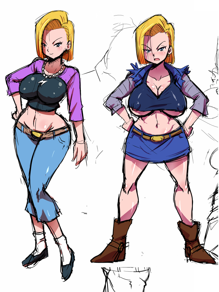 1girl android_18 areola_slip areolae blonde_hair blue_eyes blush bob_cut boots breasts cleavage closed_mouth curvy denim dragon_ball dragon_ball_super dragonball_z erect_nipples full_body hands_on_hips highres hips jacket jeans jewelry large_breasts legs legs_apart legs_together looking_at_viewer measurements midriff navel necklace open_mouth pants pearl_necklace raglan_sleeves rickert_kai shoes short_hair simple_background skirt smile standing thighs underboob
