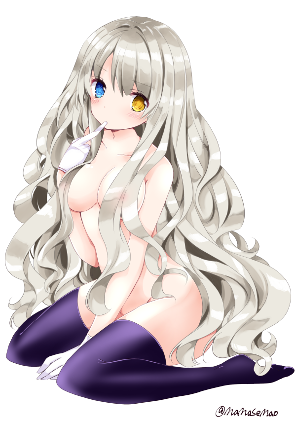 areolae bangs between_legs biting blue_eyes blush breasts brown_eyes cleavage closed_mouth collarbone commentary_request eyebrows_visible_through_hair full_body glove_biting gloves grey_hair groin hair_between_eyes hair_censor hair_over_breasts hand_between_legs heterochromia long_hair looking_at_viewer medium_breasts nanase_nao no_shoes nude original purple_legwear simple_background sitting solo thighhighs twintails very_long_hair wariza white_background white_gloves