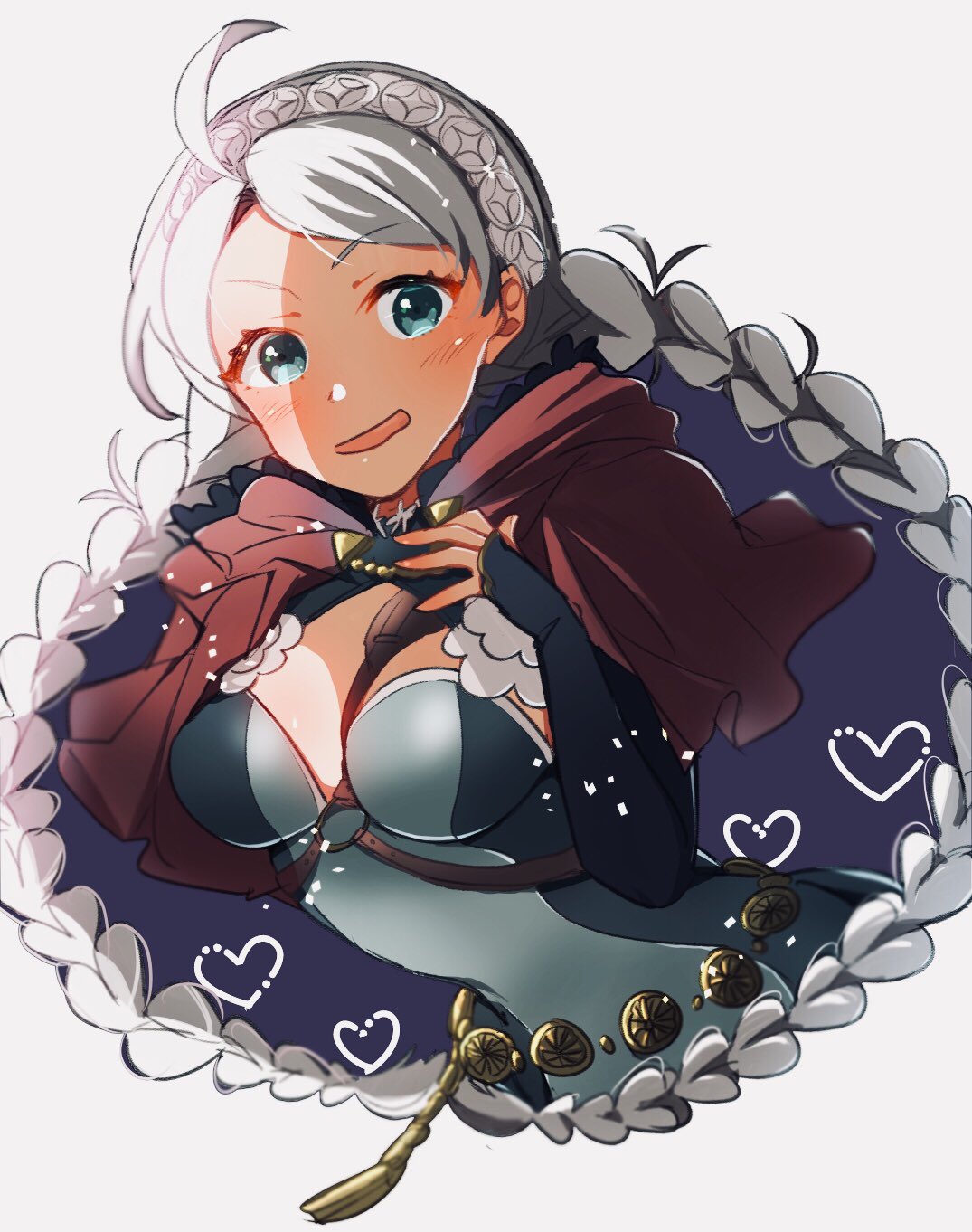 ahoge belt braid breasts capelet commentary_request eponine_(fire_emblem_if) fingerless_gloves fire_emblem fire_emblem_if gloves grey_background hairband highres long_hair medium_breasts nekolook parted_lips silver_hair simple_background solo twin_braids twintails