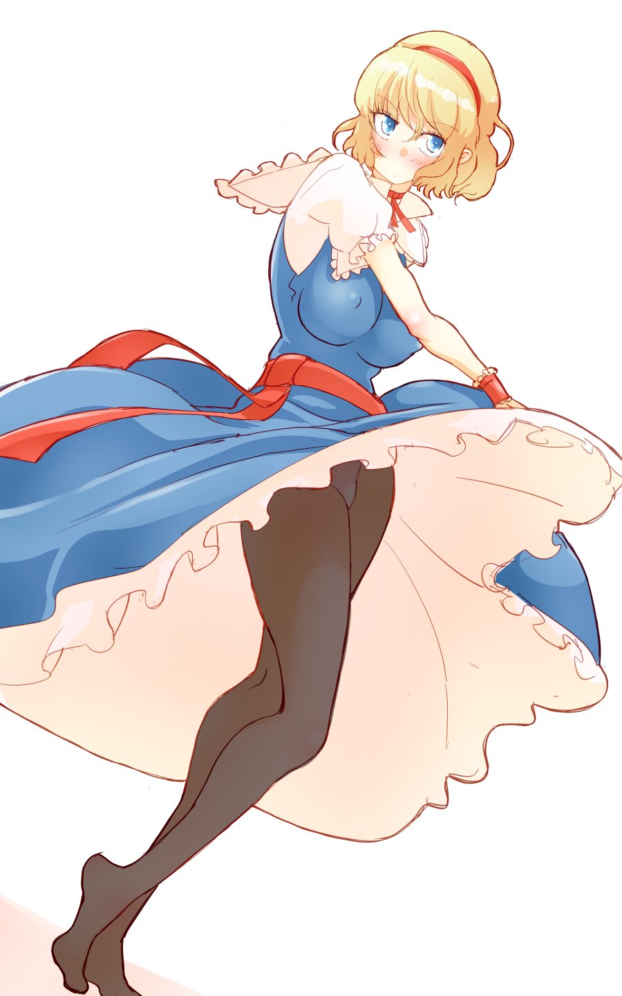 alice_margatroid bad_feet blonde_hair blue_eyes breasts capelet commentary_request covered_nipples dress eyebrows_visible_through_hair frilled_dress frills hairband highres large_breasts legs lolita_hairband neck_ribbon non_(z-art) panties panties_under_pantyhose pantyhose puffy_short_sleeves puffy_sleeves ribbon sash short_hair short_sleeves skirt_hold solo touhou underwear white_background