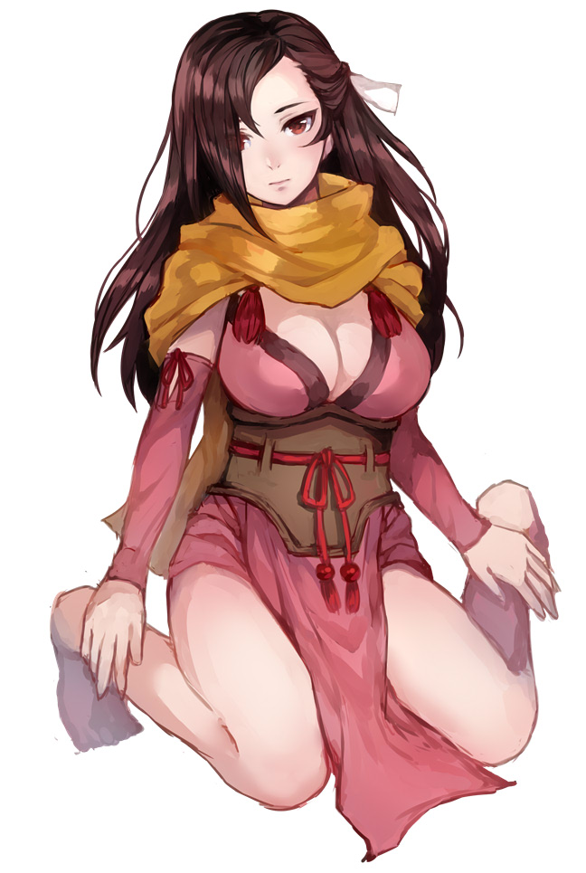 bangs bare_legs barefoot bow breasts brown_eyes brown_hair brown_scarf cleavage closed_mouth detached_sleeves dress fire_emblem fire_emblem_heroes fire_emblem_if forehead full_body hair_over_one_eye hair_ribbon head_tilt jurge kagerou_(fire_emblem_if) large_breasts long_hair long_sleeves looking_at_viewer ninja pelvic_curtain pink_dress ponytail red_eyes red_ribbon ribbon sash scarf sitting solo swept_bangs underbust very_long_hair wariza white_bow white_ribbon