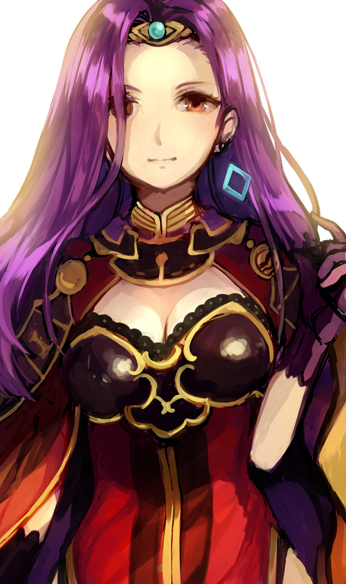 bangs black_gloves breasts brown_eyes brown_hair cape cleavage closed_mouth dress earrings fire_emblem fire_emblem_echoes:_mou_hitori_no_eiyuuou forehead gloves hair_over_one_eye hand_up jewelry jurge long_hair medium_breasts parted_bangs purple_gloves purple_hair red_cape red_dress simple_background solo sonia_(fire_emblem_gaiden) tiara upper_body very_long_hair white_background