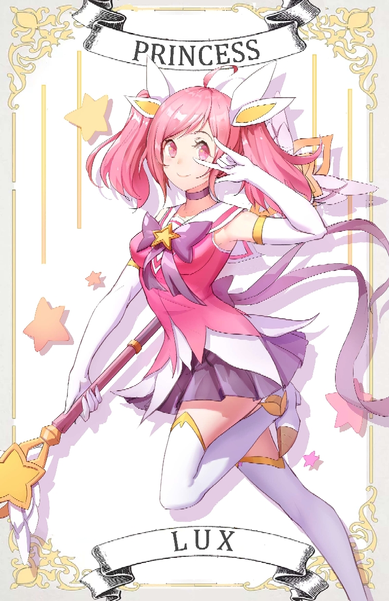 1girl alternate_costume alternate_hair_color alternate_hairstyle boots choker elbow_gloves female gloves high_heel_boots high_heels league_of_legends luxanna_crownguard magical_girl pink_hair pleated_skirt purple_skirt ribbon skirt solo star_guardian_lux thighhighs tiara twintails white_gloves