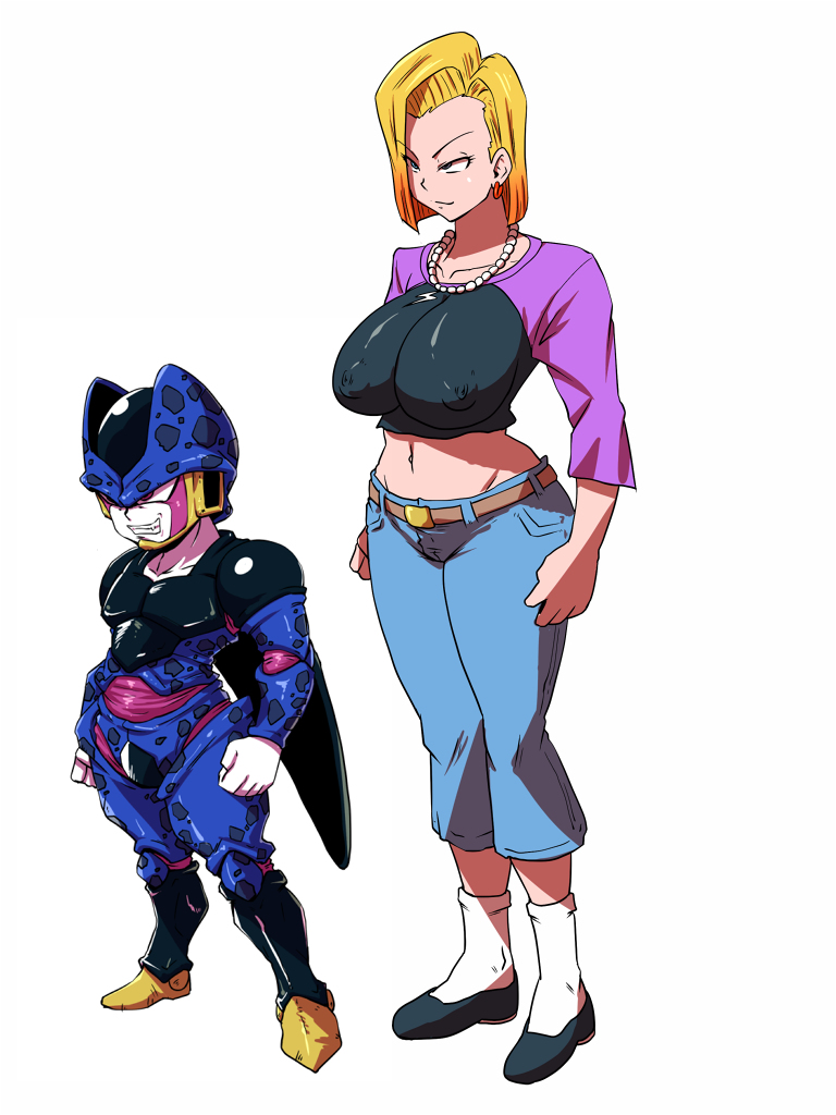 1girl android_18 belt blonde_hair bob_cut breasts cell_junior clenched_teeth closed_mouth dragon_ball dragon_ball_super earrings erect_nipples feet full_body highres hoop_earrings jewelry large_breasts legs legs_apart legs_together looking_away midriff navel necklace pants pearl_necklace rickert_kai shoes short_hair simple_background size_difference smile standing teeth thighs white_background