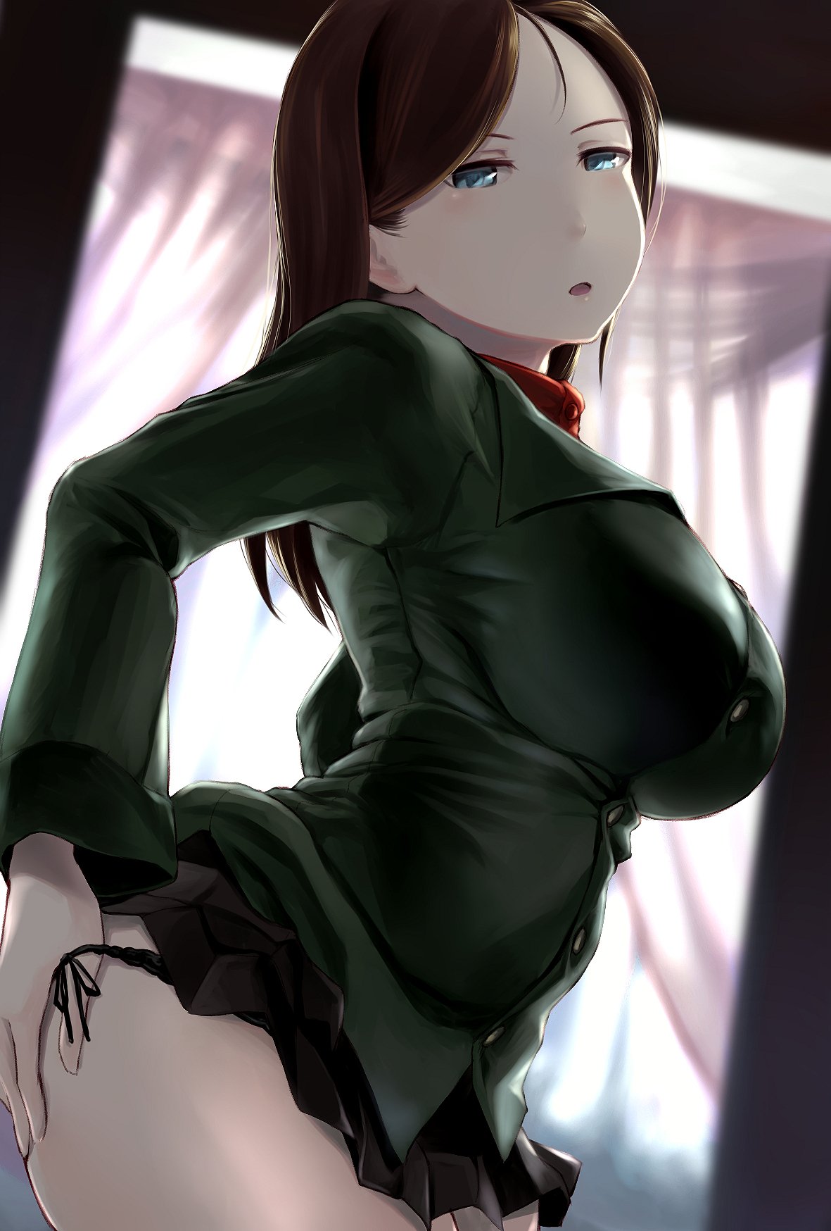 arched_back black_panties black_skirt blue_eyes blurry blurry_background breasts brown_hair buttons curtains from_side girls_und_panzer highres indoors large_breasts lifted_by_self long_hair long_sleeves looking_at_viewer miniskirt nonna open_mouth panties pleated_skirt pravda_school_uniform side-tie_panties skirt skirt_lift solo standing strap_pull underwear uniform wa_(genryusui)