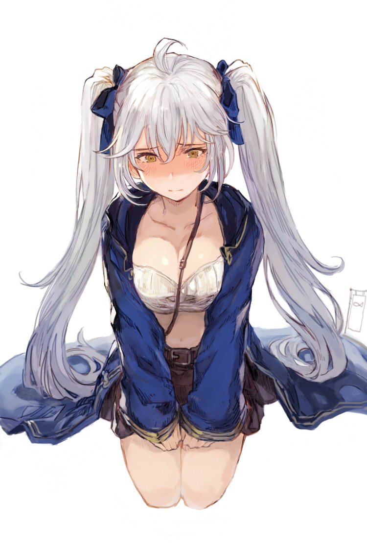 ahoge alternate_costume bow braid breasts cleavage commentary crop_top embarrassed from_above granblue_fantasy hair_between_eyes hair_bow large_breasts long_hair looking_down midriff miniskirt navel sabanobori seiza silva_(granblue_fantasy) silver_hair simple_background sitting skirt solo symbol_commentary twintails very_long_hair wavy_hair wavy_mouth yellow_eyes