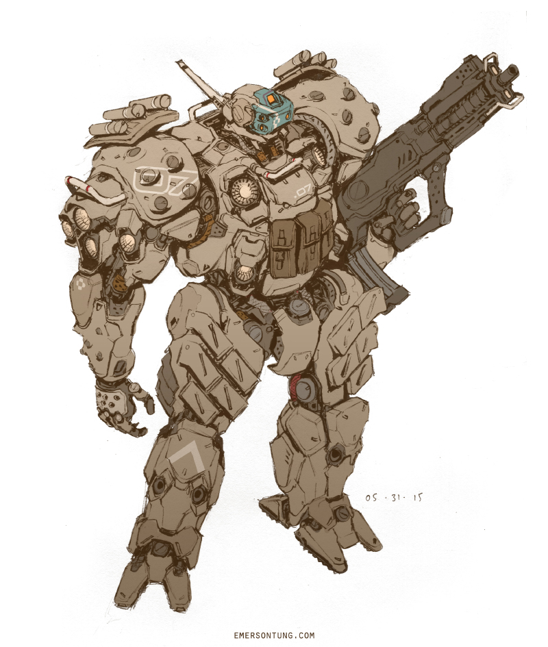 bullpup commentary dated deviantart_username emerson_tung energy_gun english_commentary gun mecha original pouch power_armor radio_antenna rifle science_fiction signature simple_background sketch solo weapon