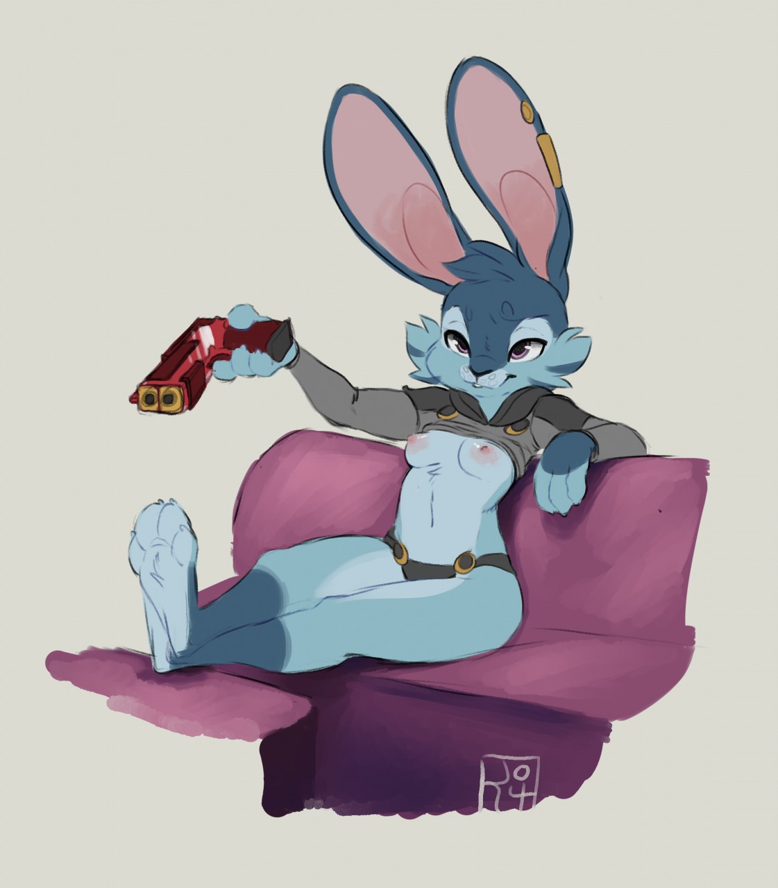 anthro blue_fur breasts clothed clothing ear_piercing female fur gun jexa lagomorph mammal nipples piercing purple_eyes rabbit ranged_weapon reign-2004 simple_background sofa solo weapon white_background