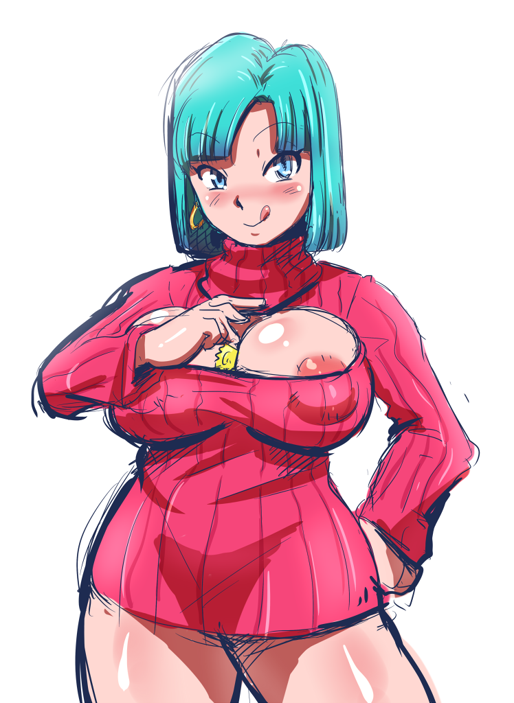 1girl :p areola_slip areolae bare_legs between_breasts blue_eyes blush breasts bulma cleavage cleavage_cutout condom condom_wrapper cowboy_shot dragon_ball dragonball_z earrings green_hair hand_on_hip highres jewelry large_areolae large_breasts legs long_sleeves looking_at_viewer naughty_face rickert_kai short_hair simple_background smile solo standing sweater thighs tongue tongue_out turtleneck turtleneck_sweater white_background
