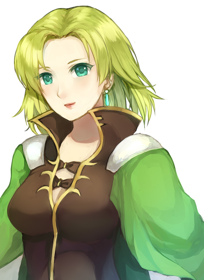 bangs breasts brown_dress cape celina_(fire_emblem) dress earrings fire_emblem forehead green_cape green_eyes green_hair high_collar jewelry jurge long_hair looking_at_viewer medium_breasts parted_bangs parted_lips simple_background solo upper_body white_background