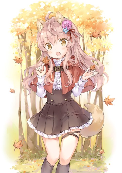 :d animal_ears autumn autumn_leaves capelet commentary fang flower forest frilled_skirt frills hair_flower hair_ornament nature open_mouth original pleated_skirt shirt skirt smile solo tail tree wataame27 wolf_ears wolf_tail yellow_eyes