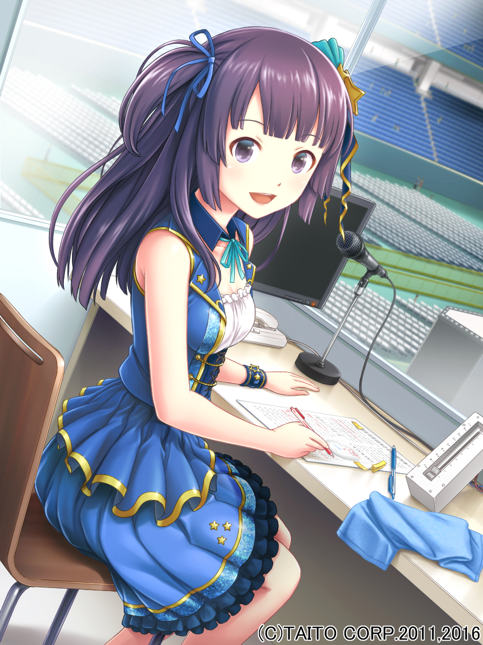 :d blue_ribbon blue_skirt breasts chair computer desk dutch_angle hair_ornament hair_ribbon highres ilog indoors long_hair looking_at_viewer microphone monitor official_art open_mouth paper pen purple_eyes purple_hair ribbon sitting skirt small_breasts smile solo stadium star star_hair_ornament uchida_masahiro watermark window