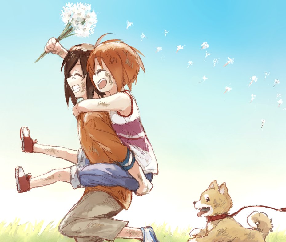 blue_pants blue_sky bouquet brown_hair brown_pants carrying clear_sky commentary dandelion dandelion_seed day dirty dirty_clothes dirty_face dog flower from_side girls_und_panzer grin happy holding holding_bouquet long_sleeves nishizumi_maho nishizumi_miho open_mouth orange_shirt outdoors pants pants_rolled_up piggyback pink_shirt red_footwear shiba_inu shirt shoes siblings sisters sky smile standing tank_top white_footwear younger yuuyu_(777)