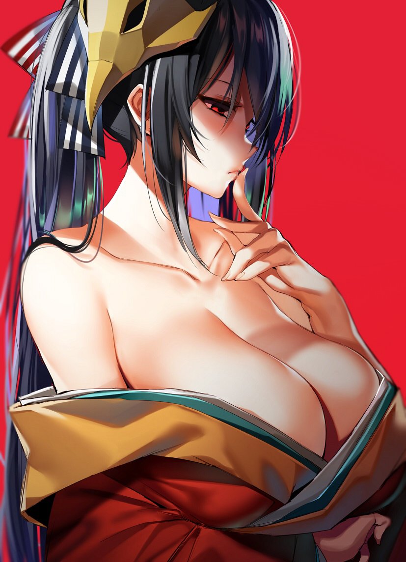 azur_lane bare_shoulders black_hair breast_hold breasts cleavage closed_mouth collarbone commentary_request empty_eyes finger_to_mouth hair_ribbon huge_breasts japanese_clothes kimono lips long_hair mask mask_on_head off_shoulder orihi_chihiro profile red_background red_eyes ribbon simple_background solo taihou_(azur_lane) twintails