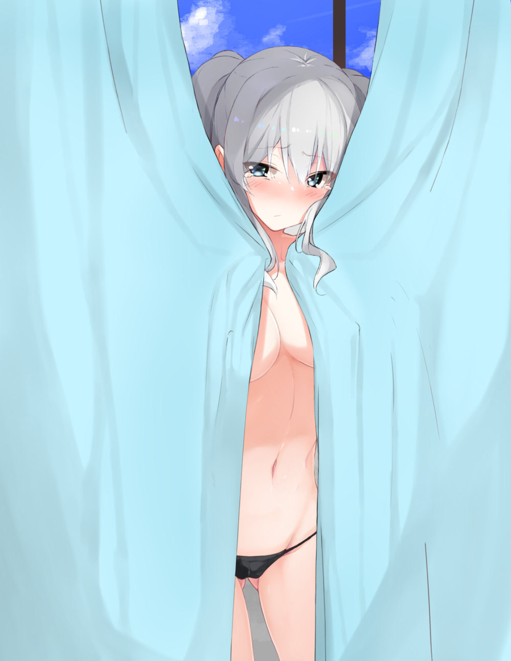 alternate_costume bikini_bottom black_bikini_bottom blue_eyes blue_sky blush breasts closed_mouth covering covering_breasts curtains day embarrassed eyebrows_visible_through_hair grey_hair hair_between_eyes highres inushi kantai_collection kashima_(kantai_collection) large_breasts long_hair looking_at_viewer sidelocks sky solo swimsuit tears topless twintails window