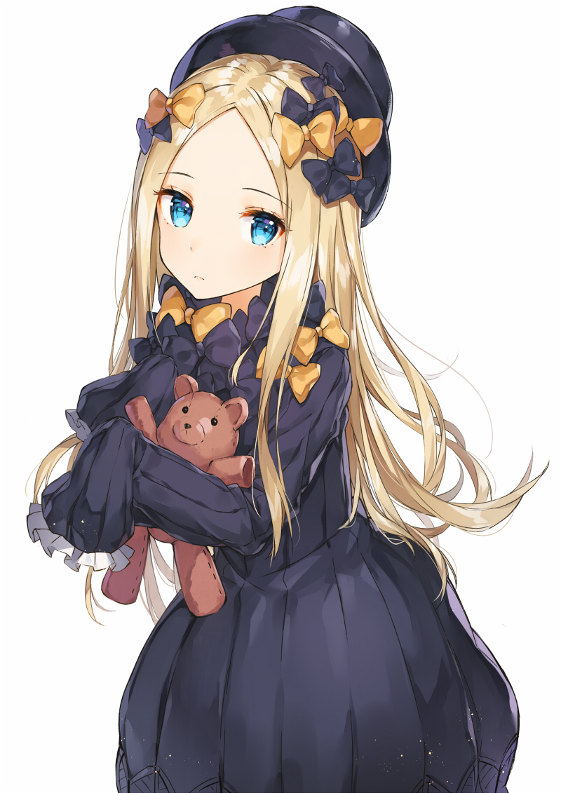 abigail_williams_(fate/grand_order) bangs black_bow black_dress black_hat blonde_hair blue_eyes blush bow bug butterfly closed_mouth commentary_request dress eyebrows_visible_through_hair fate/grand_order fate_(series) forehead hair_bow hat insect long_hair long_sleeves looking_at_viewer object_hug orange_bow parted_bangs polka_dot polka_dot_bow revision rikoma simple_background sleeves_past_fingers sleeves_past_wrists solo stuffed_animal stuffed_toy teddy_bear very_long_hair white_background