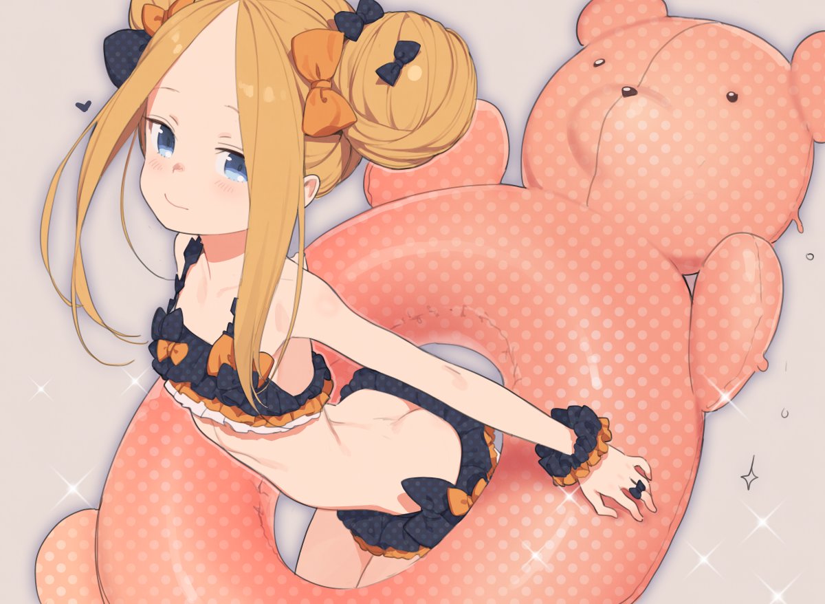 abigail_williams_(fate/grand_order) bangs bent_over bikini blonde_hair blue_eyes blush bow butt_crack collarbone doremi double_bun fate/grand_order fate_(series) flat_chest frilled_bikini frills hair_bow heart innertube legs_together long_hair looking_at_viewer parted_bangs ribs scrunchie simple_background smile solo standing swimsuit wrist_scrunchie