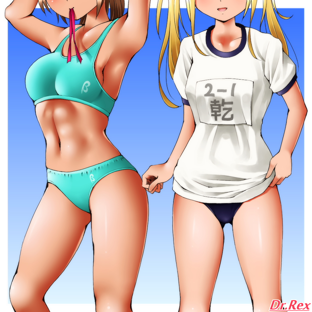 :d artist_name bare_shoulders blonde_hair blue_background blue_bra blue_buruma blue_panties bra breasts brown_hair buruma collarbone commentary_request dr_rex gym_shirt gym_uniform head_tilt long_hair medium_breasts multiple_girls name_tag navel open_mouth original panties shirt short_sleeves signature small_breasts smile sports_bra standing tan twintails two-tone_background underwear underwear_only white_background