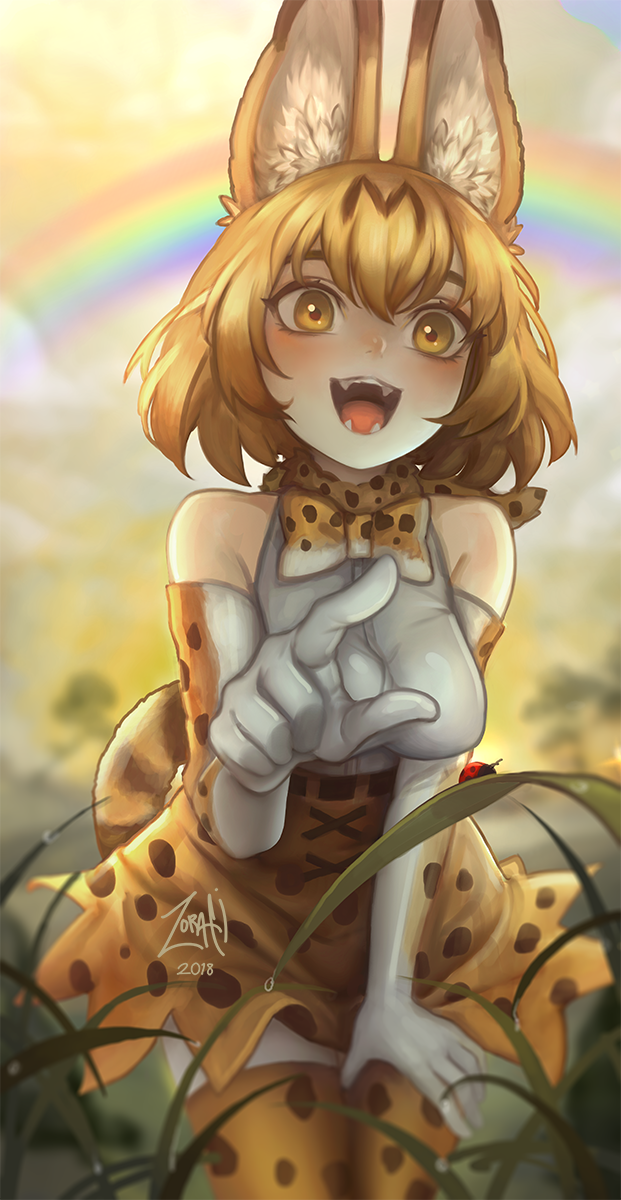animal_ears blurry blurry_background bow bowtie breasts bug cowboy_shot dated dew_drop elbow_gloves fangs gloves grass high-waist_skirt highres insect kemono_friends ladybug leaning_forward medium_breasts medium_hair open_mouth pointing pointing_forward print_gloves print_neckwear print_skirt rainbow serval_(kemono_friends) serval_ears serval_print serval_tail signature skirt smile solo striped_tail tail tareme thighhighs water_drop yellow_eyes zettai_ryouiki zorafi