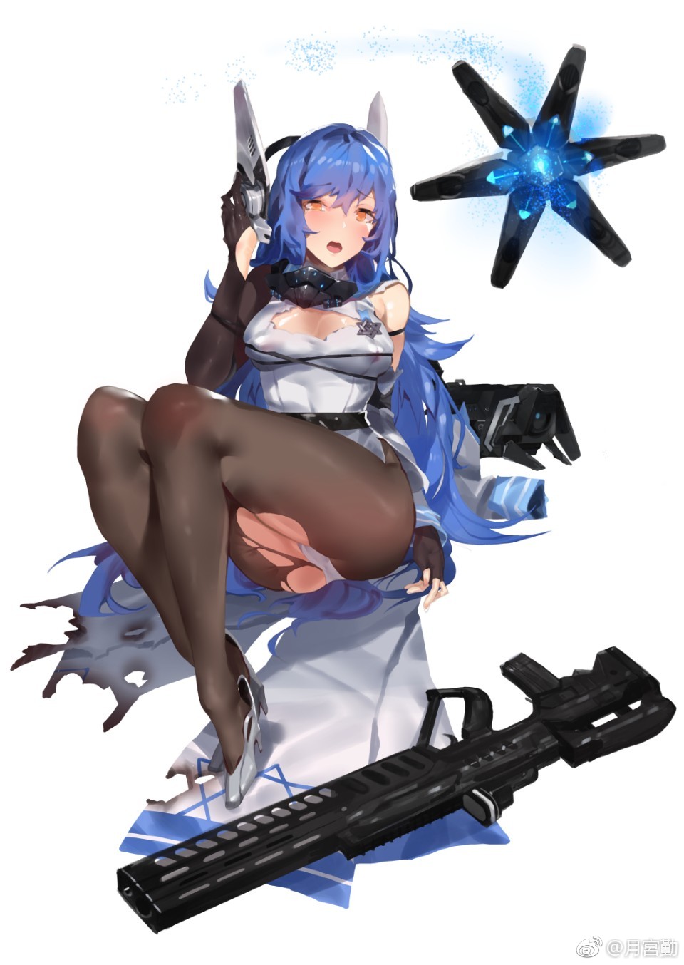ass assault_rifle bangs bare_shoulders black_legwear blue_hair blush bound bow breasts bullpup cleavage cloak covered_nipples damaged detached_sleeves dinergate_(girls_frontline) eyebrows_visible_through_hair fingerless_gloves floating_headgear frown full_body girls_frontline gloves gun hair_between_eyes hand_on_headwear hand_on_own_head hand_up headgear high_heels highres imi_tavor_tar-21 large_breasts leotard light_particles long_hair looking_at_viewer mod3_(girls_frontline) open_mouth pantyhose rifle sidelocks sitting solo tar-21_(girls_frontline) thigh_strap torn_cloak torn_clothes trigger_discipline very_long_hair weapon weibo_username white_footwear white_leotard yellow_eyes yueqin_(monnpiano)