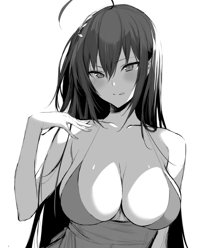 :p ahoge azur_lane blush breasts choker cleavage cocktail_dress collarbone commentary_request dress greyscale hair_between_eyes hand_up hiiragi_yuuichi large_breasts long_hair looking_at_viewer monochrome red_choker red_dress sidelocks simple_background solo taihou_(azur_lane) tongue tongue_out tsurime
