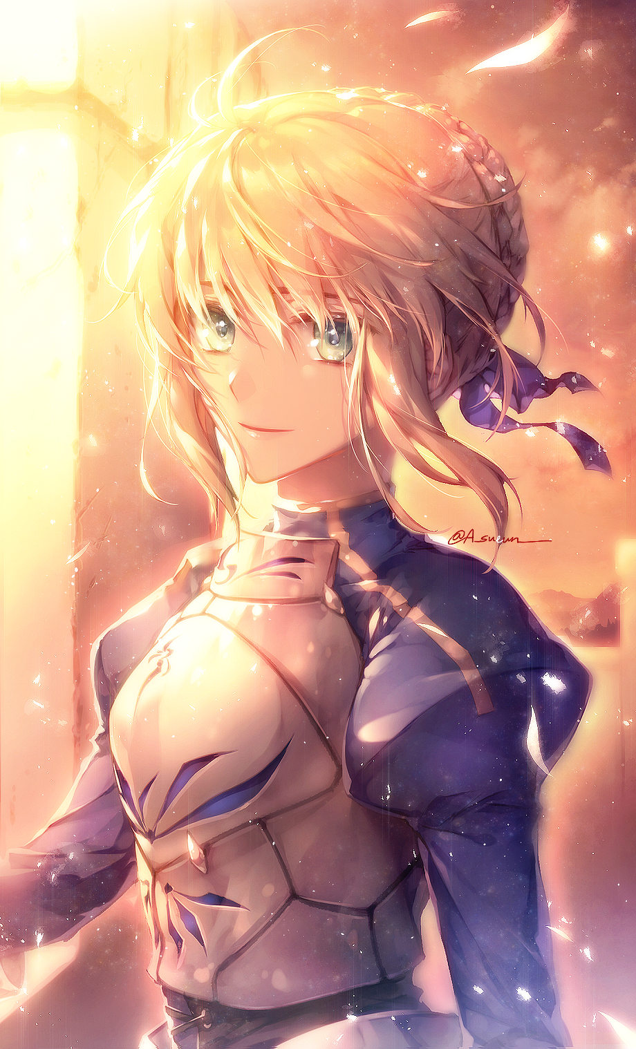 ahoge armor armored_dress artoria_pendragon_(all) bangs blonde_hair blue_ribbon blue_shirt braid breastplate chest_armor closed_mouth commentary dusk eyebrows_visible_through_hair fate/grand_order fate/stay_night fate_(series) french_braid gauntlets green_eyes h_sueun hair_between_eyes hair_bun hair_ribbon highres looking_at_viewer ribbon saber shirt sidelocks signature smile solo zelovel