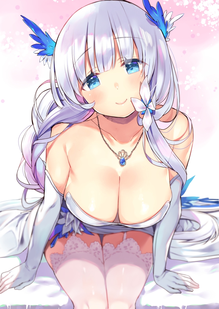 arms_at_sides azur_lane bare_shoulders bed_sheet blue_eyes blush breasts cleavage closed_mouth collarbone commentary_request dress elbow_gloves feathers garter_straps gloves grey_hair hair_feathers head_tilt illustrious_(azur_lane) jewelry kibii_mocha large_breasts leaning_forward long_hair mole mole_under_eye necklace on_bed pendant pink_lips shiny shiny_hair sitting smile solo strapless strapless_dress thighhighs twintails two-tone_background very_long_hair white_dress white_gloves white_legwear