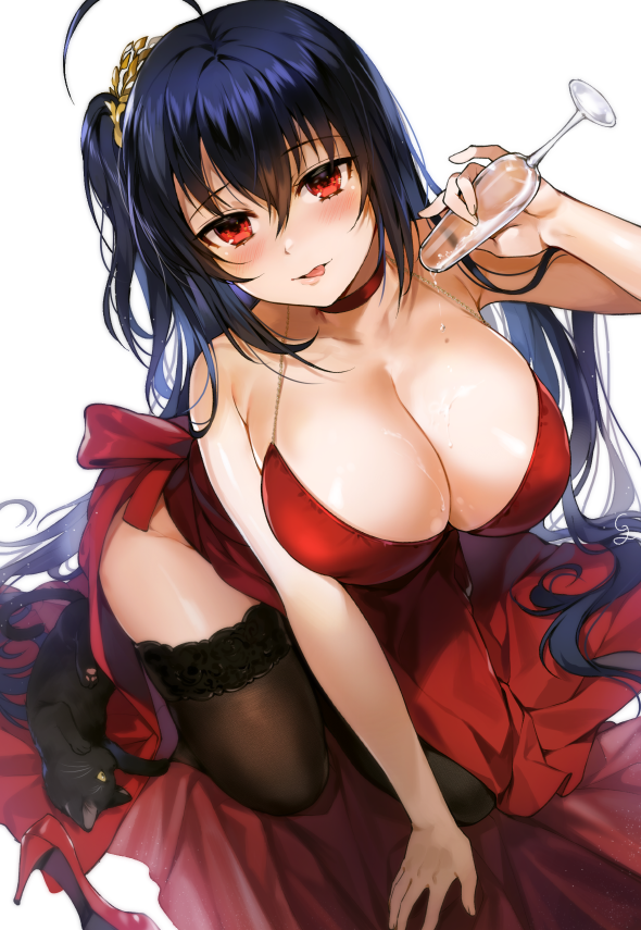 :p ahoge alcohol all_fours arm_up azur_lane black_cat black_hair black_legwear blush breasts cat champagne champagne_flute choker cleavage cocktail_dress commentary_request cup dress drinking_glass eyebrows_visible_through_hair gijang hair_between_eyes halterneck high_heels huge_breasts lace lace-trimmed_thighhighs long_hair md5_mismatch one_side_up red_choker red_dress red_eyes shoes_removed side_slit simple_background solo taihou_(azur_lane) thighhighs tongue tongue_out very_long_hair white_background
