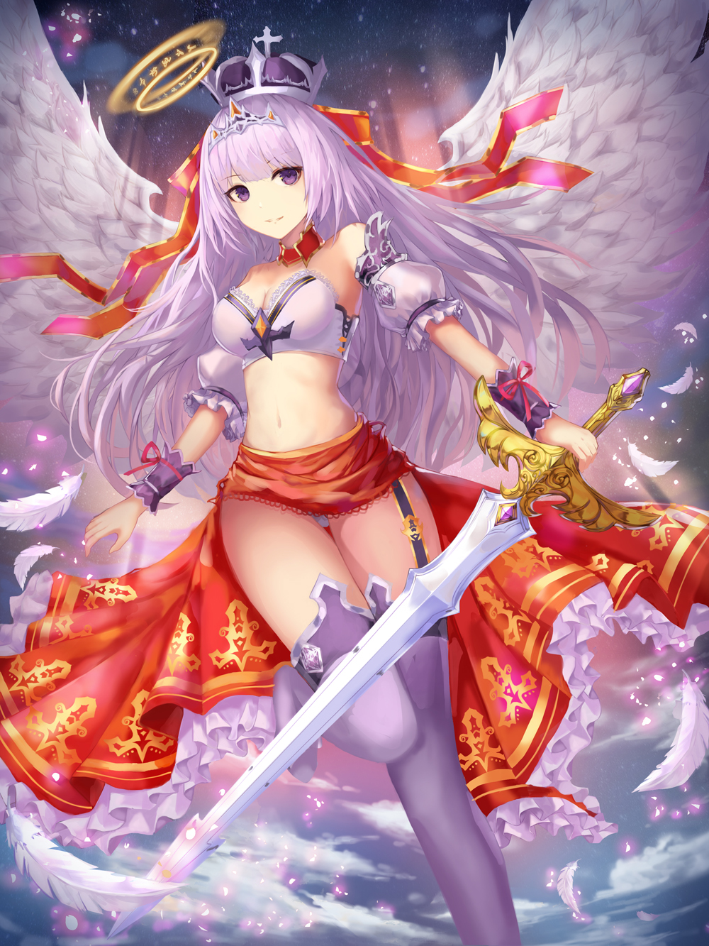 angel angel_wings bangs bare_shoulders breasts cleavage crown detached_sleeves dew_(7302235) foot_out_of_frame garter_straps gold_trim hair_ribbon halo highres holding holding_sword holding_weapon long_hair looking_at_viewer medium_breasts navel original puffy_sleeves purple_eyes purple_hair purple_legwear purple_wristband red_ribbon red_skirt ribbon skirt smile solo standing sword thighhighs tiara very_long_hair weapon white_feathers wings