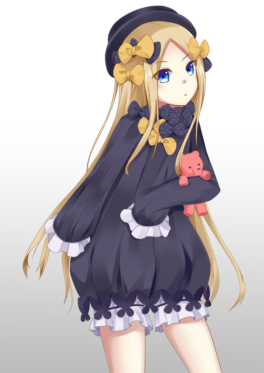 :o abigail_williams_(fate/grand_order) bangs black_bow black_dress black_hat blonde_hair bloomers blue_eyes bow bug butterfly commentary_request dress eyebrows_visible_through_hair fate/grand_order fate_(series) forehead gradient gradient_background grey_background hair_bow hat highres insect long_hair long_sleeves looking_at_viewer object_hug orange_bow parted_bangs parted_lips polka_dot polka_dot_bow sleeves_past_fingers sleeves_past_wrists solo stuffed_animal stuffed_toy syumya_(syakuku15mon) teddy_bear underwear very_long_hair white_background white_bloomers