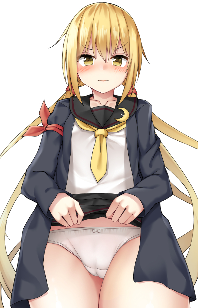 bangs black_jacket black_sailor_collar black_skirt blonde_hair blush bow bow_panties brown_eyes cameltoe collarbone crescent crescent_moon_pin crotch_seam eyebrows_visible_through_hair hair_between_eyes jacket kantai_collection lifted_by_self long_hair low_twintails mizushina_minato necktie nose_blush open_clothes open_jacket panties pleated_skirt remodel_(kantai_collection) sailor_collar satsuki_(kantai_collection) school_uniform serafuku shirt short_necktie sidelocks simple_background skirt skirt_lift solo twintails underwear v-shaped_eyebrows very_long_hair white_background white_panties white_shirt yellow_neckwear