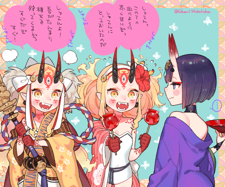 3girls candy_apple cup facial_mark fangs fate/grand_order fate_(series) fingernails food forehead_mark ibaraki_douji_(fate/grand_order) ibaraki_douji_(swimsuit_lancer)_(fate) japanese_clothes kimono multiple_girls oni_horns pointy_ears sakazuki sara_(kurome1127) sharp_fingernails shuten_douji_(fate/grand_order) tattoo translation_request wavy_mouth yellow_eyes yellow_kimono