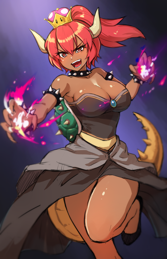 :d alternate_color bare_shoulders bowsette bracelet breasts brooch burning_hand claws collar commentary crown dark_skin english_commentary eyebrows_visible_through_hair eyes_visible_through_hair fangs hair_between_eyes horns jewelry large_breasts long_hair mario_(series) maritan_(pixelmaritan) monster_girl new_super_mario_bros._u_deluxe open_mouth ponytail red_eyes red_hair smile solo spiked_armlet spiked_bracelet spiked_collar spiked_tail spikes super_crown tail teeth turtle_shell v-shaped_eyebrows