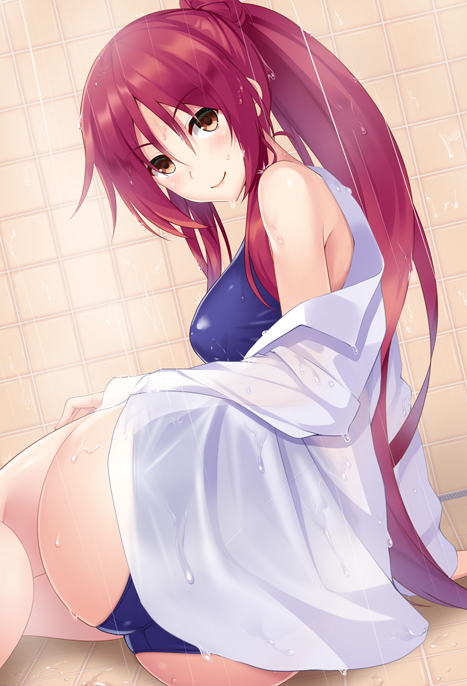arm_support ass bangs blue_swimsuit breasts brown_eyes closed_mouth collared_shirt commentary_request eyebrows_visible_through_hair from_behind hand_on_own_thigh huyumitsu indoors long_hair long_sleeves looking_at_viewer looking_back lying medium_breasts on_side one-piece_swimsuit original ponytail red_hair school_swimsuit see-through shirt showering single_bare_shoulder smile solo swimsuit swimsuit_under_clothes thighs tile_wall tiles undressing water wet wet_clothes wet_swimsuit white_shirt