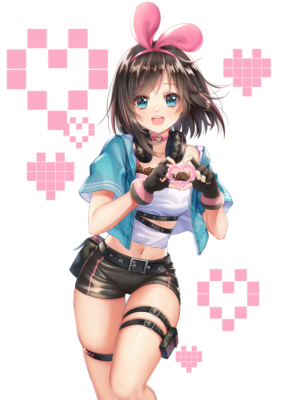a.i._channel belt belt_buckle black_belt black_gloves black_shorts blue_jacket brown_hair buckle collarbone commentary_request fingerless_gloves gloves hair_ribbon hairband haneru headphones heart highres jacket kizuna_ai midriff multicolored_hair navel open_clothes open_jacket pink_hair pink_hairband pink_ribbon ribbon shirt short_shorts short_sleeves shorts skindentation solo streaked_hair thigh_strap virtual_youtuber white_shirt
